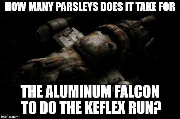 Mal Solo | HOW MANY PARSLEYS DOES IT TAKE FOR; THE ALUMINUM FALCON TO DO THE KEFLEX RUN? | image tagged in serenity,star wars | made w/ Imgflip meme maker