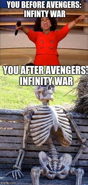 You and Infinity War | YOU BEFORE AVENGERS: INFINTY WAR; YOU AFTER AVENGERS: INFINITY WAR | image tagged in avengers,infinity war,marvel,waiting skeleton | made w/ Imgflip meme maker