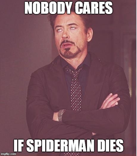 Face You Make Robert Downey Jr | NOBODY CARES; IF SPIDERMAN DIES | image tagged in memes,face you make robert downey jr | made w/ Imgflip meme maker
