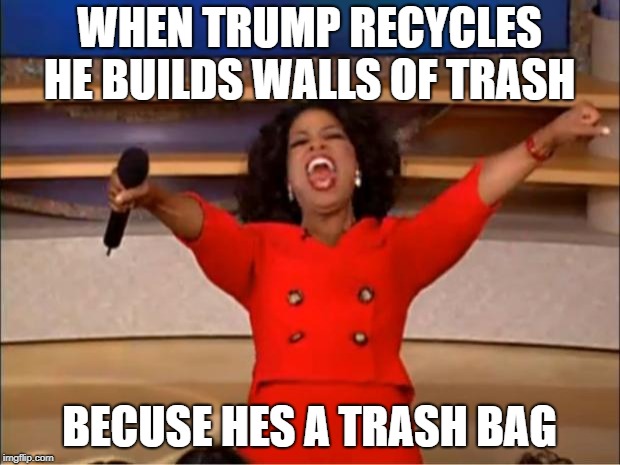 Oprah You Get A Meme | WHEN TRUMP RECYCLES HE BUILDS WALLS OF TRASH; BECUSE HES A TRASH BAG | image tagged in memes,oprah you get a | made w/ Imgflip meme maker