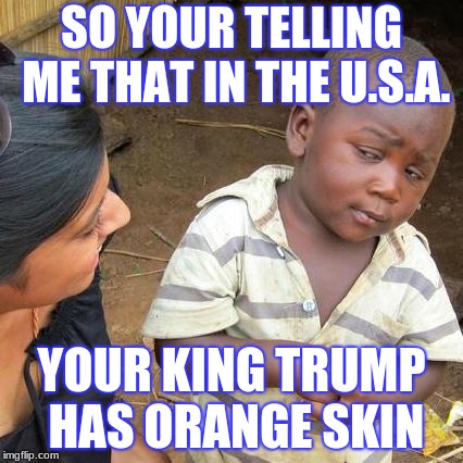 Third World Skeptical Kid Meme | SO YOUR TELLING ME THAT IN THE U.S.A. YOUR KING TRUMP HAS ORANGE SKIN | image tagged in memes,third world skeptical kid | made w/ Imgflip meme maker