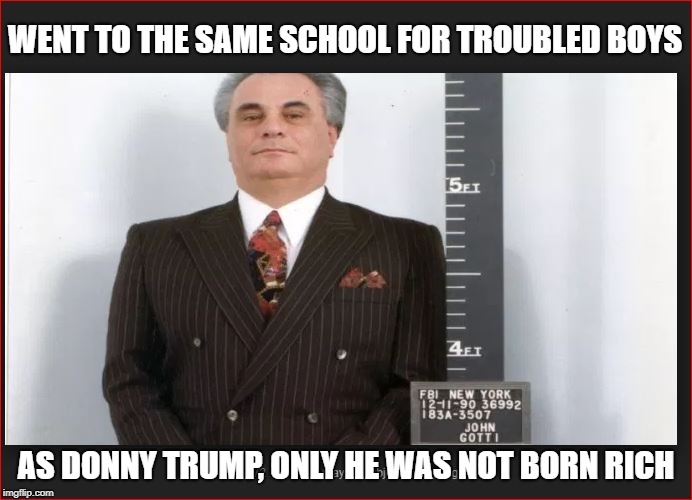 Gotti For President | WENT TO THE SAME SCHOOL FOR TROUBLED BOYS; AS DONNY TRUMP, ONLY HE WAS NOT BORN RICH | image tagged in donald trump,gangster,crook,fraud | made w/ Imgflip meme maker