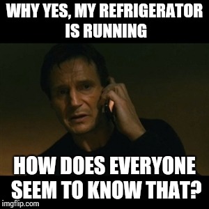 Liam Neeson Taken Meme | WHY YES, MY REFRIGERATOR IS RUNNING; HOW DOES EVERYONE SEEM TO KNOW THAT? | image tagged in memes,liam neeson taken | made w/ Imgflip meme maker