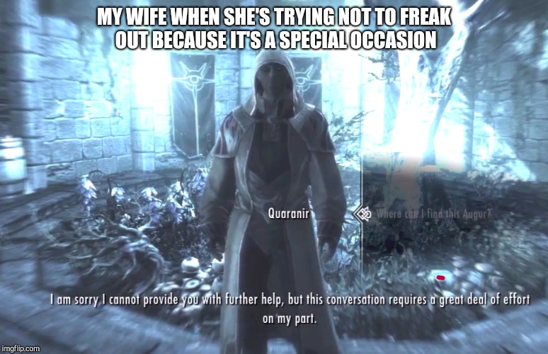 This conversation requires a great deal of effort | MY WIFE WHEN SHE'S TRYING NOT TO FREAK OUT BECAUSE IT'S A SPECIAL OCCASION | image tagged in skyrim meme,relatable,marriage,wife,relationships | made w/ Imgflip meme maker