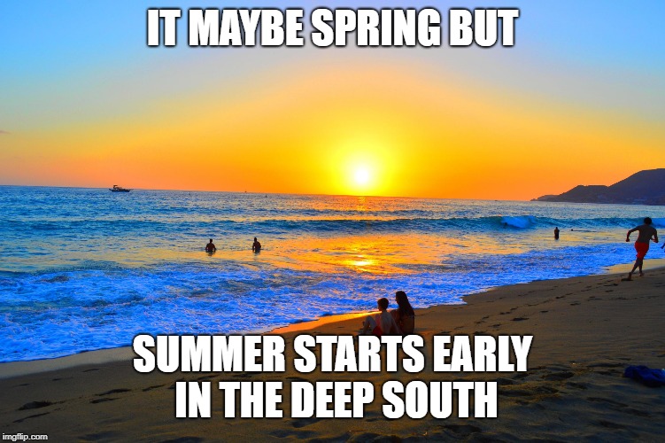 Summer beach | IT MAYBE SPRING BUT; SUMMER STARTS EARLY IN THE DEEP SOUTH | image tagged in summer beach | made w/ Imgflip meme maker