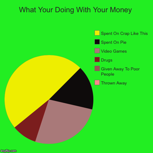 What Your Doing With Your Money | Thrown Away, Given Away To Poor People, Drugs, Video Games, Spent On Pie, Spent On Crap Like This | image tagged in funny,pie charts | made w/ Imgflip chart maker