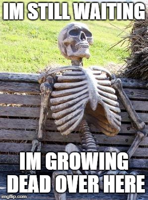 Waiting Skeleton | IM STILL WAITING; IM GROWING DEAD OVER HERE | image tagged in memes,waiting skeleton | made w/ Imgflip meme maker