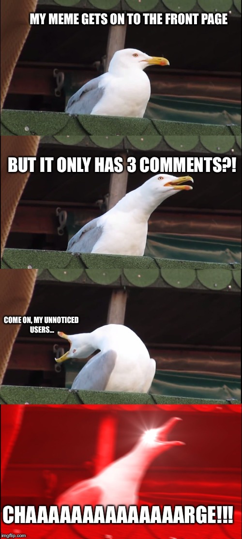 Jk Jk I’m not actually TriGgEreD | MY MEME GETS ON TO THE FRONT PAGE; BUT IT ONLY HAS 3 COMMENTS?! COME ON, MY UNNOTICED USERS... CHAAAAAAAAAAAAAARGE!!! | image tagged in memes,inhaling seagull,funny,imgflip users | made w/ Imgflip meme maker