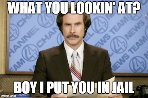 Ron Burgundy Meme | WHAT YOU LOOKIN' AT? BOY I PUT YOU IN JAIL | image tagged in memes,ron burgundy | made w/ Imgflip meme maker