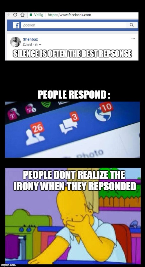 SILENCE IS OFTEN THE BEST REPSONSE; PEOPLE RESPOND :; PEOPLE DONT REALIZE THE IRONY WHEN THEY REPSONDED | image tagged in facebook repsonse | made w/ Imgflip meme maker