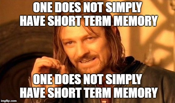 One Does Not Simply Meme | ONE DOES NOT SIMPLY HAVE SHORT TERM MEMORY; ONE DOES NOT SIMPLY HAVE SHORT TERM MEMORY | image tagged in memes,one does not simply | made w/ Imgflip meme maker
