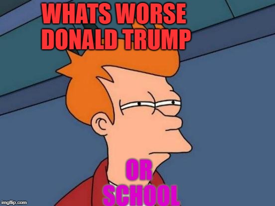 Futurama Fry Meme | WHATS WORSE DONALD TRUMP; OR SCHOOL | image tagged in memes,futurama fry | made w/ Imgflip meme maker