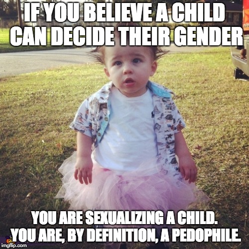 Little boy tutu | IF YOU BELIEVE A CHILD CAN DECIDE THEIR GENDER; YOU ARE SEXUALIZING A CHILD. YOU ARE, BY DEFINITION, A PEDOPHILE. | image tagged in little boy tutu | made w/ Imgflip meme maker
