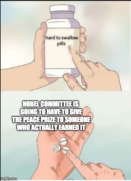 Hard To Swallow Pills |  NOBEL COMMITTEE IS GOING TO HAVE TO GIVE THE PEACE PRIZE TO SOMEONE WHO ACTUALLY EARNED IT | image tagged in hard pills to swallow | made w/ Imgflip meme maker