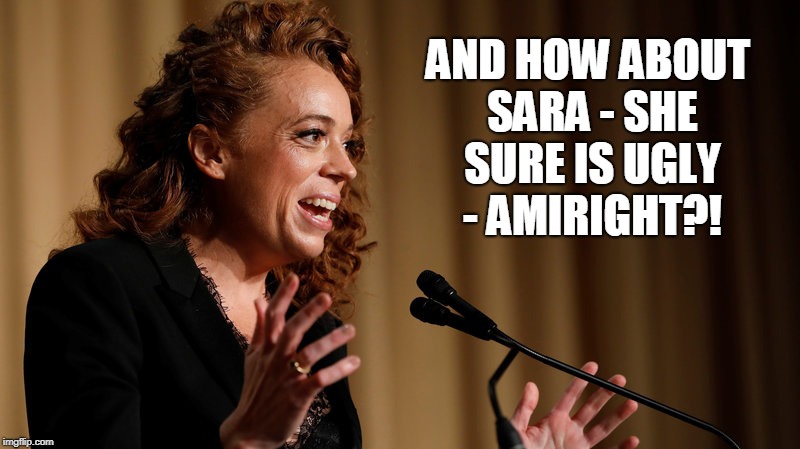 AND HOW ABOUT SARA - SHE SURE IS UGLY - AMIRIGHT?! | image tagged in politics,sarah huckabee sanders,michelle wolf | made w/ Imgflip meme maker