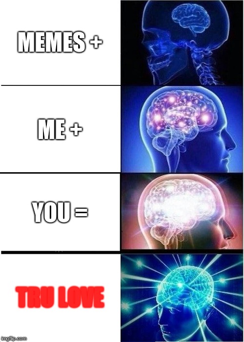 Expanding Brain Meme | MEMES +; ME +; YOU =; TRU LOVE | image tagged in memes,expanding brain | made w/ Imgflip meme maker