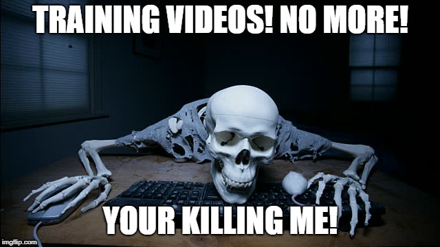 Training Videos | TRAINING VIDEOS! NO MORE! YOUR KILLING ME! | image tagged in skeleton on computer | made w/ Imgflip meme maker