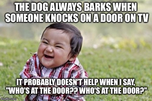 Evil Toddler Meme | THE DOG ALWAYS BARKS WHEN SOMEONE KNOCKS ON A DOOR ON TV; IT PROBABLY DOESN'T HELP WHEN I SAY, "WHO'S AT THE DOOR?? WHO'S AT THE DOOR?" | image tagged in memes,evil toddler | made w/ Imgflip meme maker