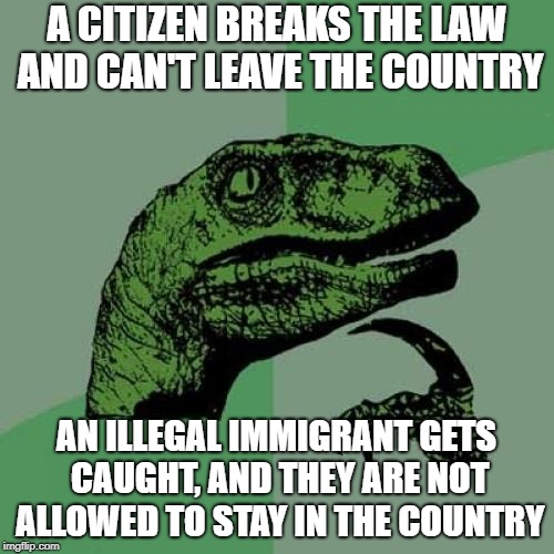 Philosoraptor | A CITIZEN BREAKS THE LAW AND CAN'T LEAVE THE COUNTRY; AN ILLEGAL IMMIGRANT GETS CAUGHT, AND THEY ARE NOT ALLOWED TO STAY IN THE COUNTRY | image tagged in memes,philosoraptor | made w/ Imgflip meme maker