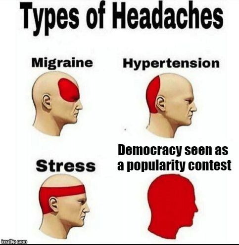 Democracy seen as a popularity contest | Democracy seen as a popularity contest | image tagged in types of headaches meme | made w/ Imgflip meme maker