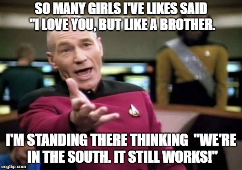 Picard Wtf | SO MANY GIRLS I'VE LIKES SAID "I LOVE YOU, BUT LIKE A BROTHER. I'M STANDING THERE THINKING  "WE'RE IN THE SOUTH. IT STILL WORKS!" | image tagged in memes,picard wtf | made w/ Imgflip meme maker