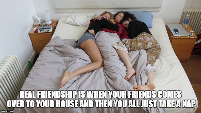 friends taking a nap | REAL FRIENDSHIP IS WHEN YOUR FRIENDS COMES OVER TO YOUR HOUSE AND THEN YOU ALL JUST TAKE A NAP | image tagged in friends napping,best friends,sleeping,bed,girls be like | made w/ Imgflip meme maker