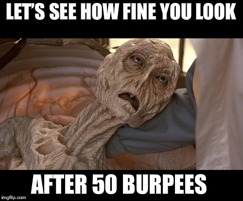 Alien Dying | LET’S SEE HOW FINE YOU LOOK; AFTER 50 BURPEES | image tagged in alien dying | made w/ Imgflip meme maker