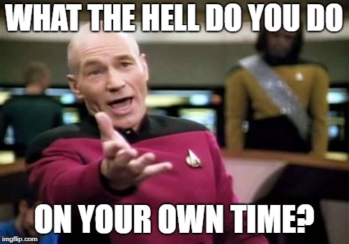Picard Wtf Meme | WHAT THE HELL DO YOU DO ON YOUR OWN TIME? | image tagged in memes,picard wtf | made w/ Imgflip meme maker