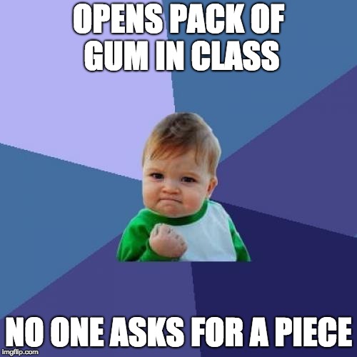 Success Kid | OPENS PACK OF GUM IN CLASS; NO ONE ASKS FOR A PIECE | image tagged in memes,success kid | made w/ Imgflip meme maker