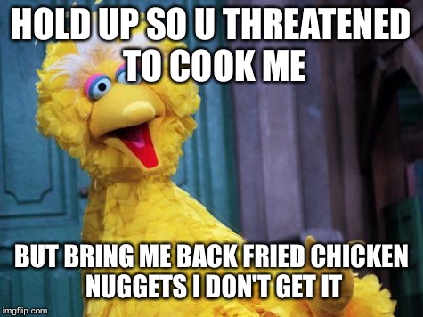 Big Bird | HOLD UP SO U THREATENED TO COOK ME; BUT BRING ME BACK FRIED CHICKEN NUGGETS I DON'T GET IT | image tagged in big bird | made w/ Imgflip meme maker