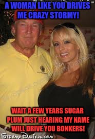 trump & stormy | A WOMAN LIKE YOU DRIVES ME CRAZY STORMY! WAIT A FEW YEARS SUGAR PLUM JUST HEARING MY NAME WILL DRIVE YOU BONKERS! | image tagged in trump  stormy,donald trump,stormy daniels,republicans,michael cohen,robert mueller | made w/ Imgflip meme maker