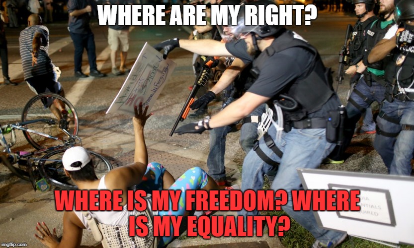 Police Warfare on Civilians | WHERE ARE MY RIGHT? WHERE IS MY FREEDOM?
WHERE IS MY EQUALITY? | image tagged in police warfare on civilians | made w/ Imgflip meme maker