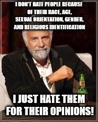 The Most Interesting Man In The World Meme | I DON'T HATE PEOPLE BECAUSE OF THEIR RACE, AGE, SEXUAL ORIENTATION, GENDER, AND RELIGIOUS IDENTIFICATION; I JUST HATE THEM FOR THEIR OPINIONS! | image tagged in i don't always | made w/ Imgflip meme maker