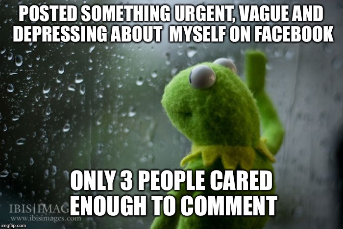 kermit window | POSTED SOMETHING URGENT, VAGUE AND DEPRESSING ABOUT  MYSELF ON FACEBOOK; ONLY 3 PEOPLE CARED ENOUGH TO COMMENT | image tagged in kermit window | made w/ Imgflip meme maker