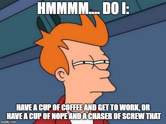 Futurama Fry Meme | HMMMM.... DO I:; HAVE A CUP OF COFFEE AND GET TO WORK, OR HAVE A CUP OF NOPE AND A CHASER OF SCREW THAT | image tagged in memes,futurama fry | made w/ Imgflip meme maker