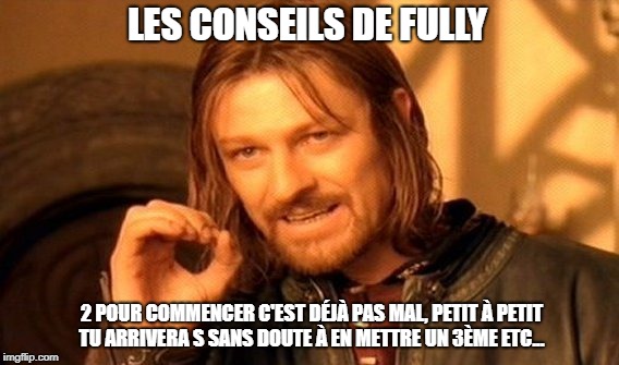 One Does Not Simply Meme | LES CONSEILS DE FULLY; 2 POUR COMMENCER C'EST DÉJÀ PAS MAL, PETIT À PETIT TU ARRIVERA
S SANS DOUTE À EN METTRE UN 3ÈME ETC... | image tagged in memes,one does not simply | made w/ Imgflip meme maker