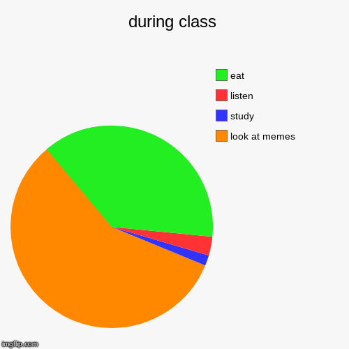 during class | look at memes, study, listen , eat | image tagged in funny,pie charts | made w/ Imgflip chart maker
