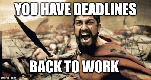 Sparta Leonidas Meme | YOU HAVE DEADLINES BACK TO WORK | image tagged in memes,sparta leonidas | made w/ Imgflip meme maker