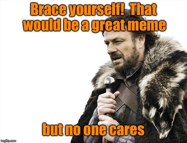 Brace Yourselves X is Coming Meme | Brace yourself!  That would be a great meme but no one cares | image tagged in memes,brace yourselves x is coming | made w/ Imgflip meme maker