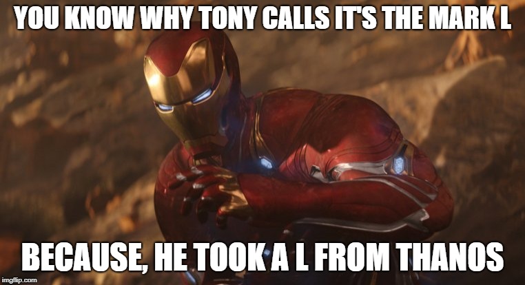 BRUH WHAT | YOU KNOW WHY TONY CALLS IT'S THE MARK L; BECAUSE, HE TOOK A L FROM THANOS | image tagged in avengers | made w/ Imgflip meme maker