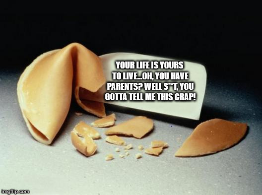 You can't expect them to be magic or anything... | YOUR LIFE IS YOURS TO LIVE...OH, YOU HAVE PARENTS? WELL S**T, YOU GOTTA TELL ME THIS CRAP! | image tagged in fortune cookie,parents,memes,funny,expectations | made w/ Imgflip meme maker