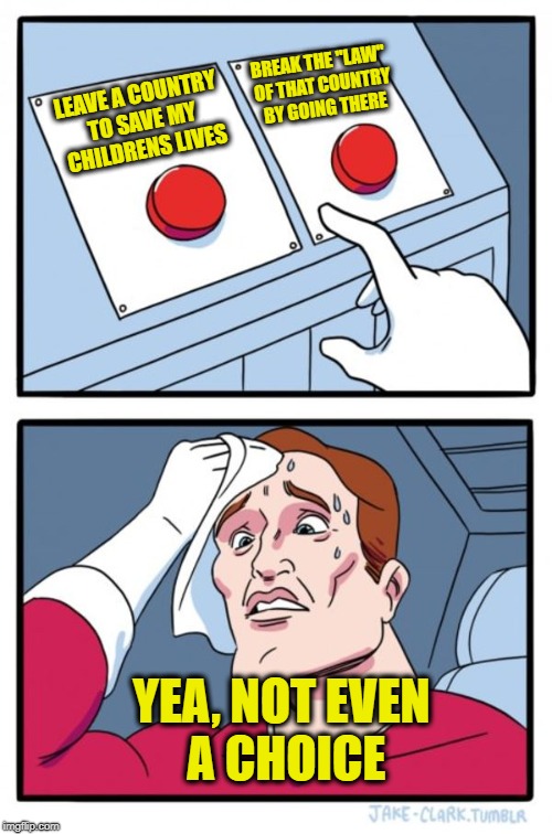 Two Buttons Meme | BREAK THE "LAW" OF THAT COUNTRY BY GOING THERE; LEAVE A COUNTRY TO SAVE MY CHILDRENS LIVES; YEA, NOT EVEN A CHOICE | image tagged in memes,two buttons | made w/ Imgflip meme maker
