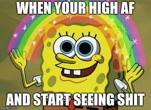 Imagination Spongebob | WHEN YOUR HIGH AF; AND START SEEING SHIT | image tagged in memes,imagination spongebob | made w/ Imgflip meme maker