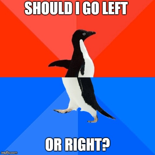 Socially Awesome Awkward Penguin Meme | SHOULD I GO LEFT; OR RIGHT? | image tagged in memes,socially awesome awkward penguin | made w/ Imgflip meme maker