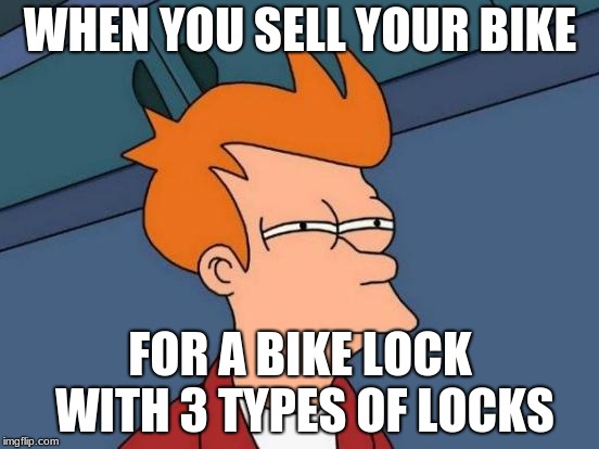 When You Are A Smart Boi | WHEN YOU SELL YOUR BIKE; FOR A BIKE LOCK WITH 3 TYPES OF LOCKS | image tagged in memes,futurama fry,when you,the more you know,lol | made w/ Imgflip meme maker