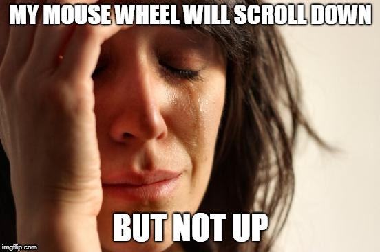 Mouse problems | MY MOUSE WHEEL WILL SCROLL DOWN; BUT NOT UP | image tagged in memes,first world problems,mouse,scroll,down,up | made w/ Imgflip meme maker