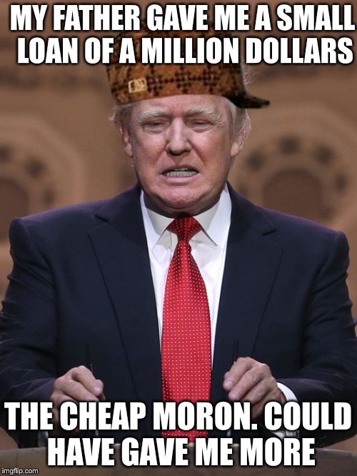 Donald Trump | MY FATHER GAVE ME A SMALL LOAN OF A MILLION DOLLARS; THE CHEAP MORON. COULD HAVE GAVE ME MORE | image tagged in donald trump,scumbag | made w/ Imgflip meme maker