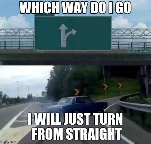Left Exit 12 Off Ramp Meme | WHICH WAY DO I GO; I WILL JUST TURN FROM STRAIGHT | image tagged in memes,left exit 12 off ramp | made w/ Imgflip meme maker