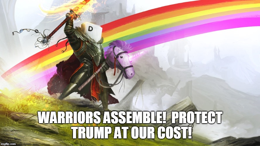 warriors assemble!  protect trump at our cost! | WARRIORS ASSEMBLE!  PROTECT TRUMP AT OUR COST! | image tagged in warriors assemble  protect trump at our cost | made w/ Imgflip meme maker