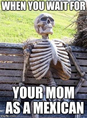 Waiting Skeleton Meme | WHEN YOU WAIT FOR; YOUR MOM AS A MEXICAN | image tagged in memes,waiting skeleton | made w/ Imgflip meme maker
